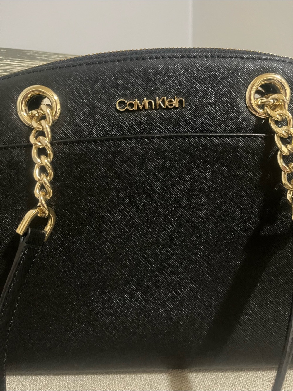 Calvin Klein Black Saffiano Chain Strap Satchel Tote Bag + Adjustable Strap - Picture 3 of 10